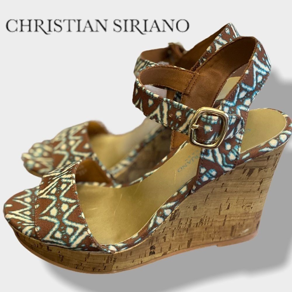 Christian Siriano Ikat Brown Blue Wedges 7.5